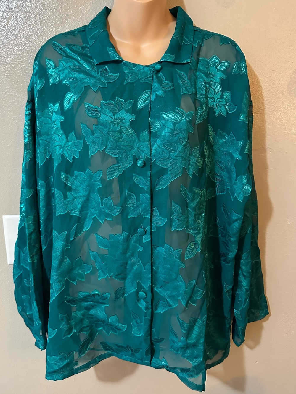 VTG Victoria's Secret Gold Label Teal Sheer Floral Burnout Pajama Blouse Top M